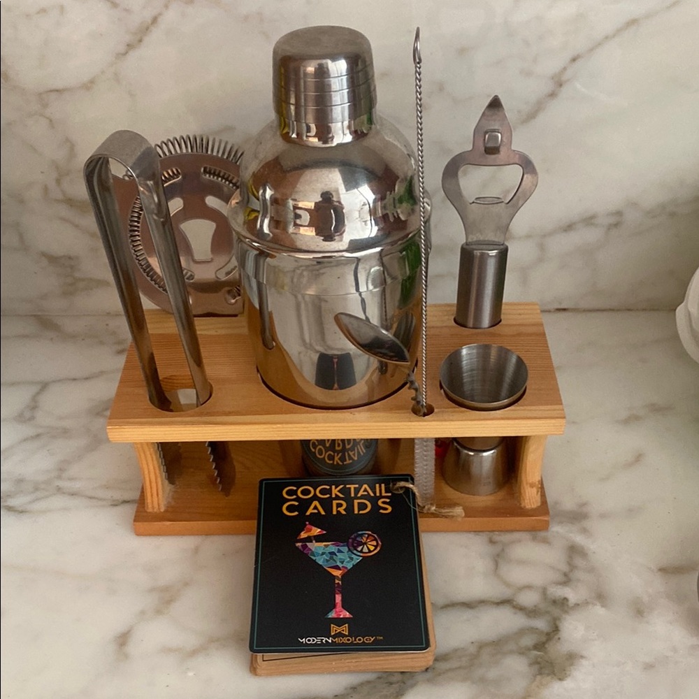 Cocktail Shaker Set with Wooden Stand